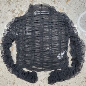 Silence + Noise Ruched Mesh Top Ruffle Long Sleeve‎ Black Blouse S